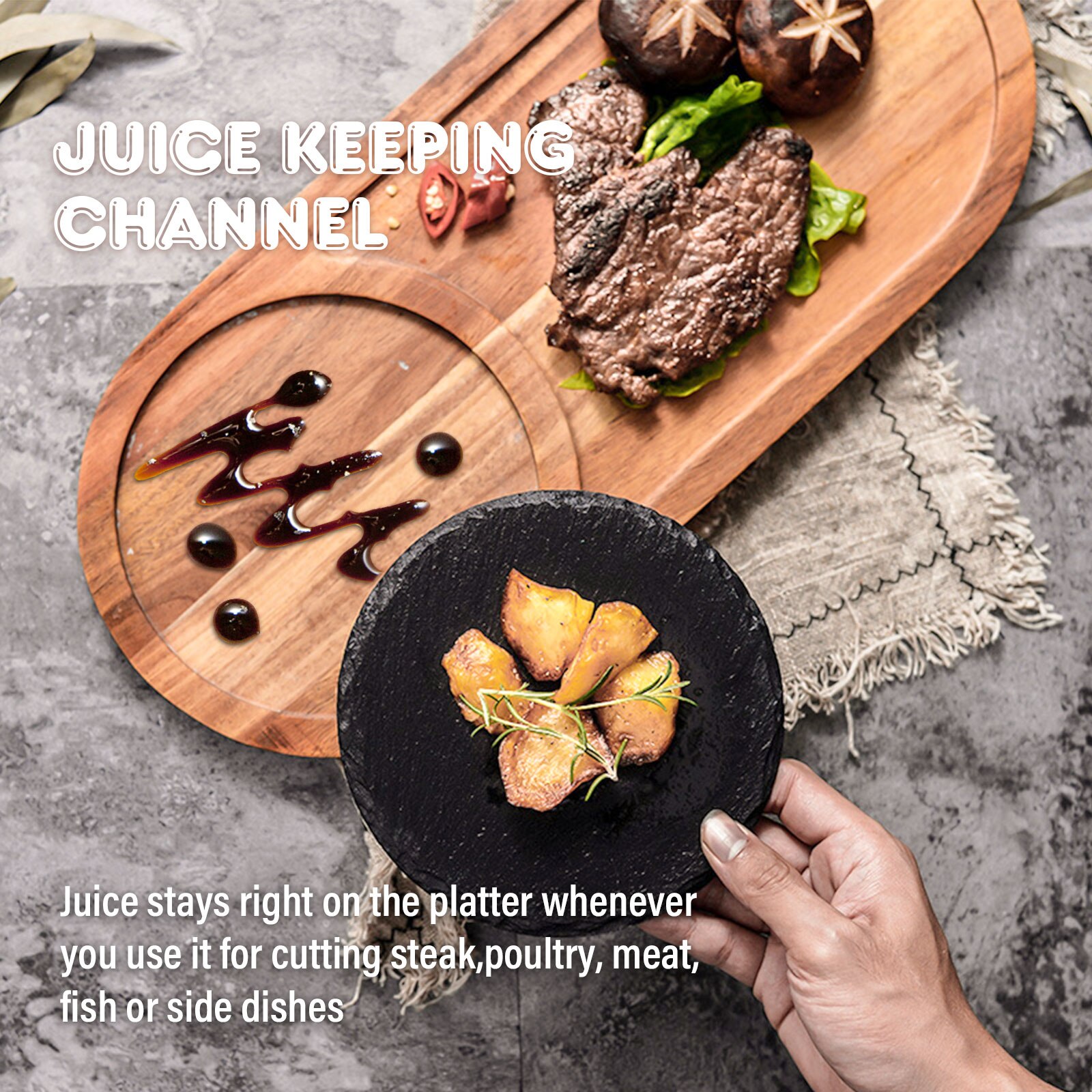 Steak Wood Serving Board with Slate Stone, Acacia Cutting Plate with Handle for BBQ and Grill,Serving Tray with groove