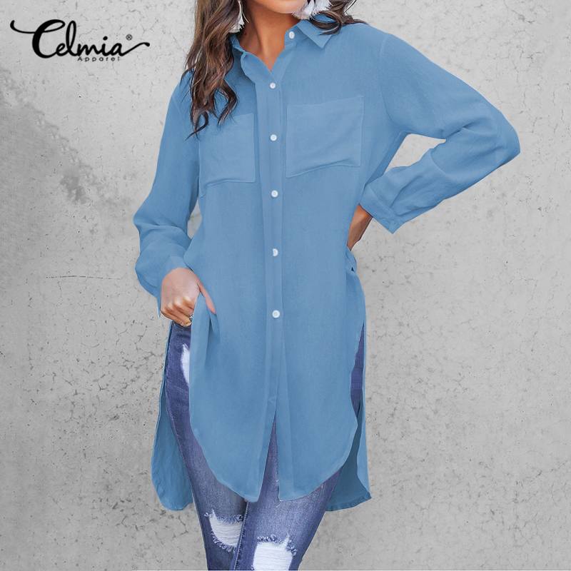 Revers Nacken Blusen Frauen Lange Hemden Celmia Frühling Sommer Unregelmäßigen Saum Teilt Tunika Spitzen Elegante Blusas Plus Größe