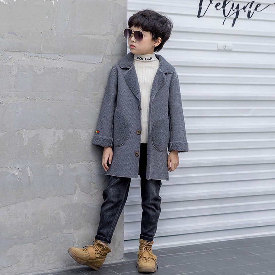Manteau d'hiver en laine pour garçons | Vêtements d'extérieur épais, Style anglais, longue veste en laine, manteaux chauds pour enfants: Gris foncé / 12