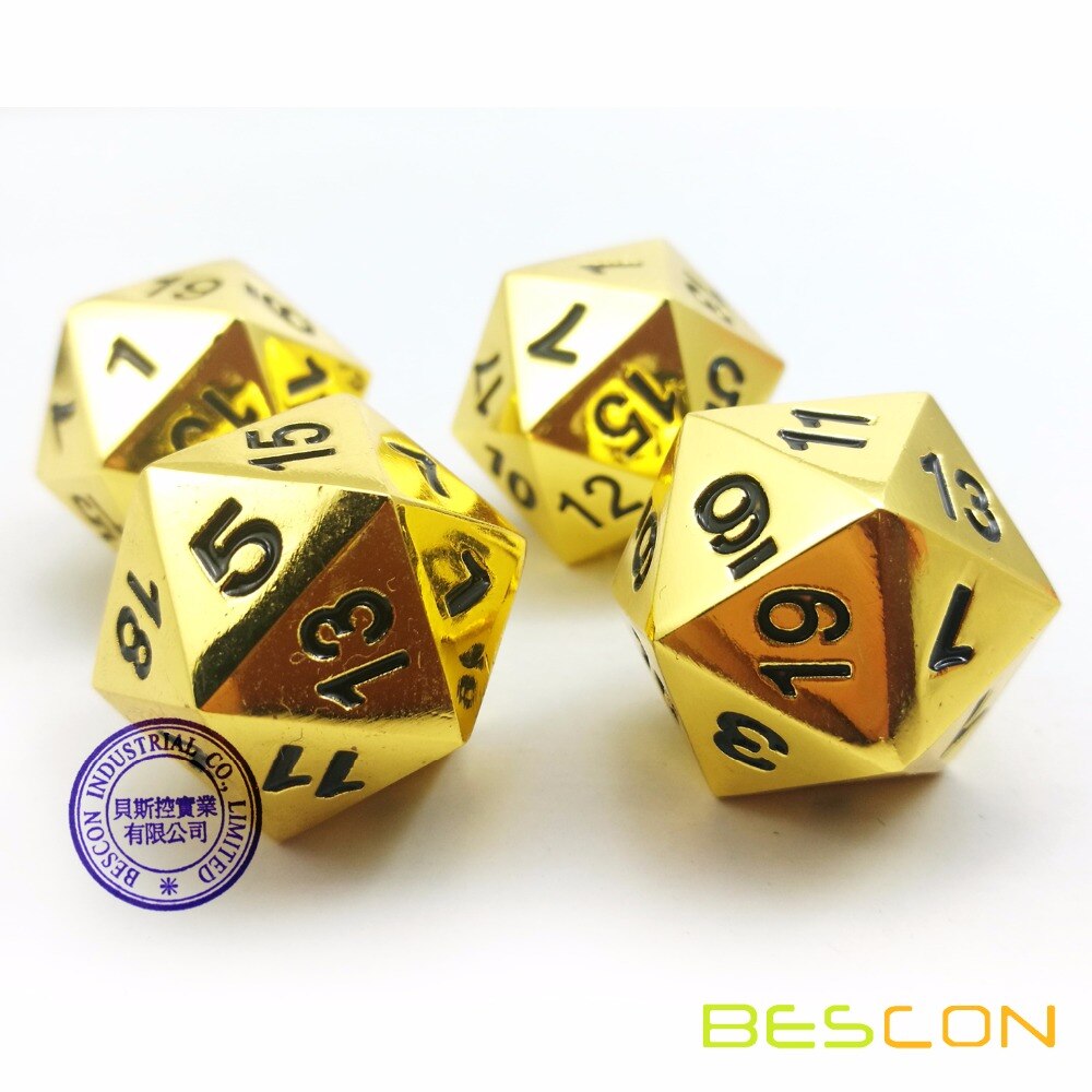 Juego de 4 dados metálicos dorados y sólidos de 20 lados D20 dados poliédricos metálicos dorados
