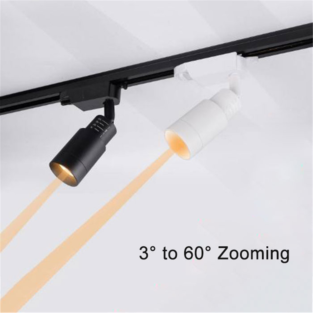 Schwarz Weiß Zoombar 3 ° /8 ° /15 ° /24 ° /36 ° /45 ° /60 ° 3000K LED-Schienenbeleuchtung, verstellbare Schienenlampenköpfe mit Strahlgrad für Akzenttacken