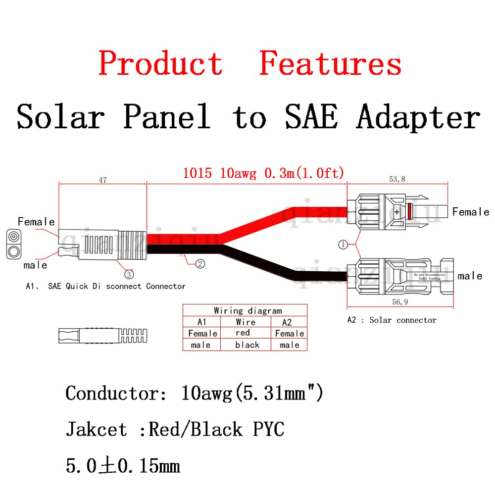 Adaptateur solaire vers SAE 10awg, connecteur de câble avec connecteurs inversés à polarité pour panneaux solaires RV 30cm/1ft