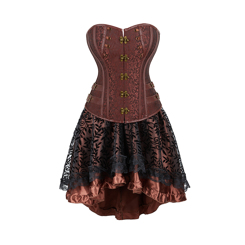 Brown Corset Dress Set Women's Steampunk Gothic Bustier Corset with High Low Skirt: XL / ROYAL BLUE