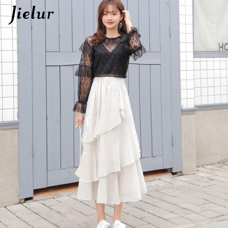 Jielur-falda blanca de lunares para mujer, Faldas de gasa holgadas con volantes, cintura elástica