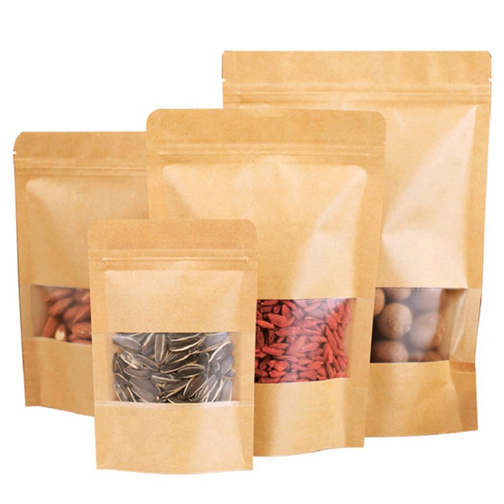 50pcs Kraft Paper Bags Zip Lock Brown With Window Stand Up Pouchs Tea Coffee Bean Candy Wedding Packaging Food Storage
