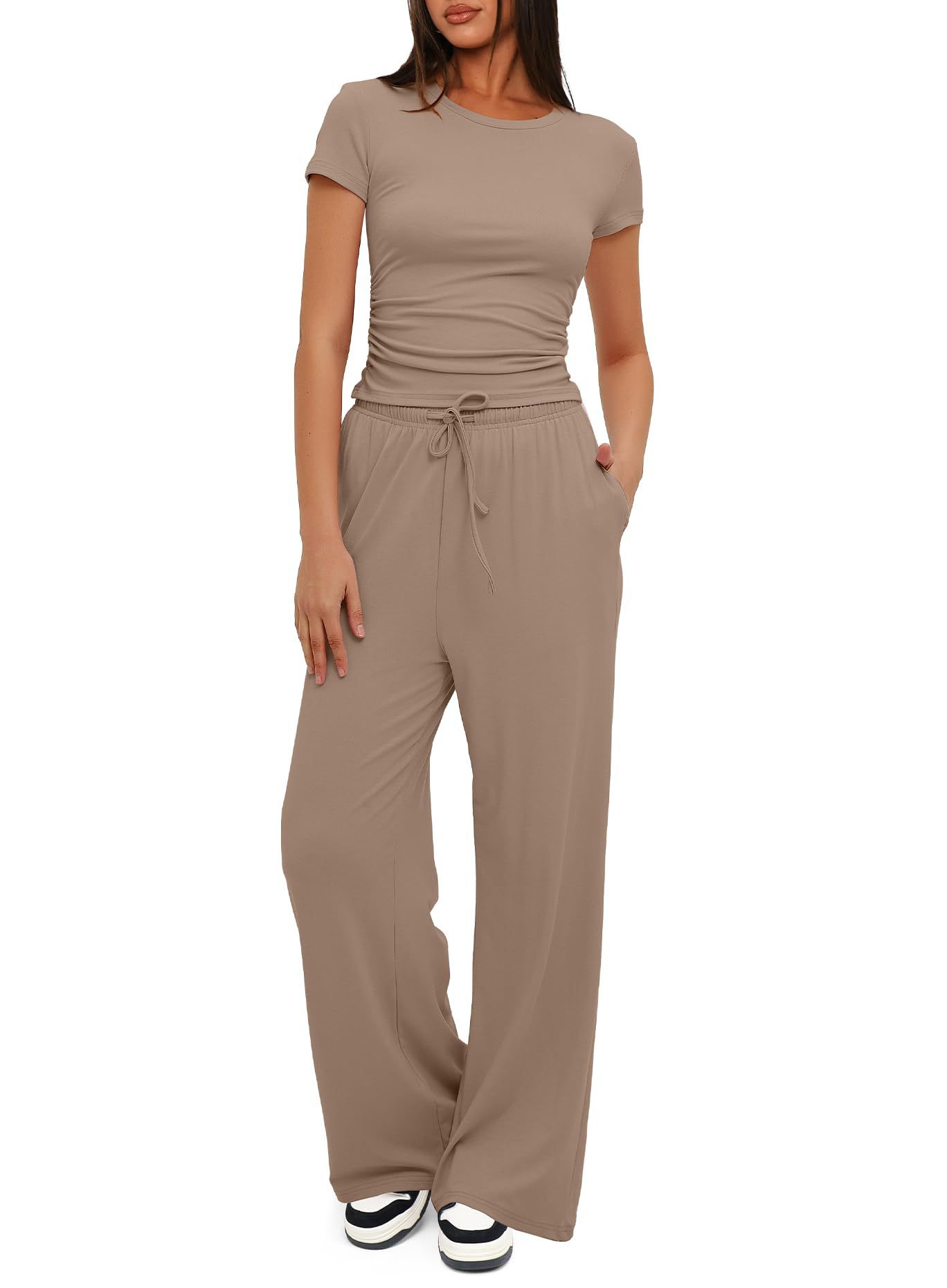 Conjunto de dos piezas para mujer, camiseta y pantalones de pierna ancha, manga corta, cintura alta, sólido, multicolor, deportivo, Yoga, chándal informal: XXL / Caqui