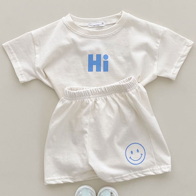 2176B Toddler Girl Clothes Summer Boy and Girl Clothing Set Letter Hi t-shirt a maniche corte e pantaloni Kids Summer Suit 2pc: Creamy-white / 73 for 9m