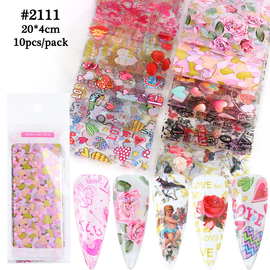 10Pc Hoek Hart Transfer Nagel Folie Valentine Rose Brief Cartoon Liefde Sticker Nagels Art Decoratie Manicure Starry Papier BE2111