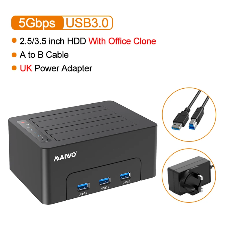 MAIWO 2.5/3.5-inch Dual-Bay Hard Drive Expansion Dock with Offline Cloning, Suitable for USB 3.0 SATA HDD Supports HUB Expansion: grey
