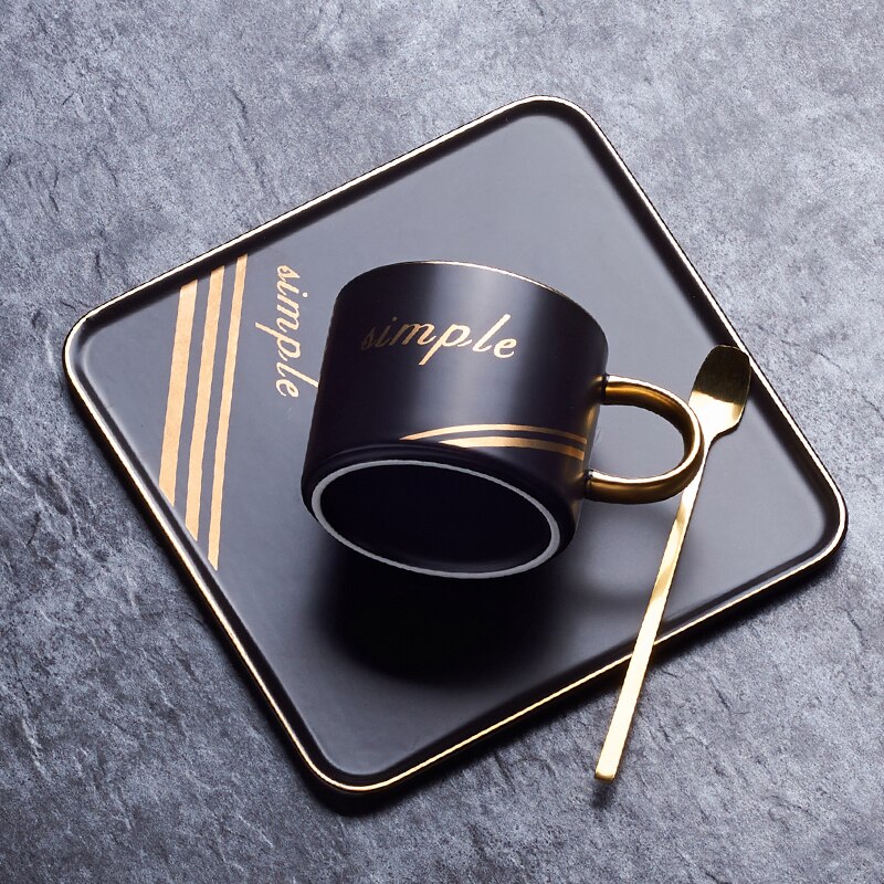 Gouden Rand Luxe Keramische Kantoor Koffie Kop En Schotel Set Melk Thee Mokken Verjaardag Koppels Vrienden Cup Met Lepel geschenkdoos