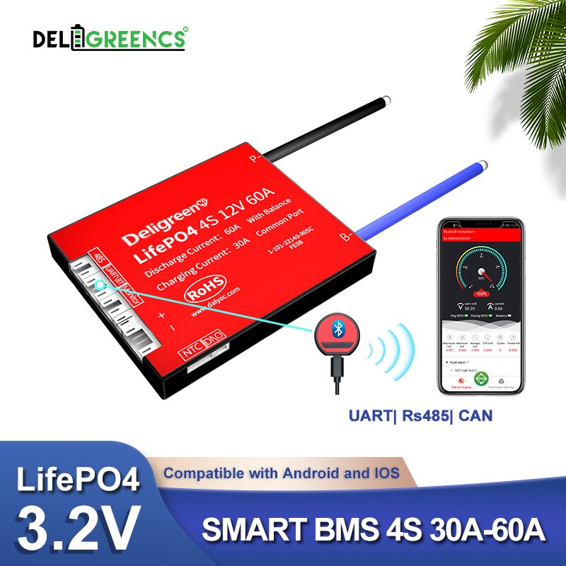 Smart BMS 4S 12V 30A 40A 60A Bluetooth APP contorl RS485 For PC for 3.2V rated Lifepo4 BMS NTC UART