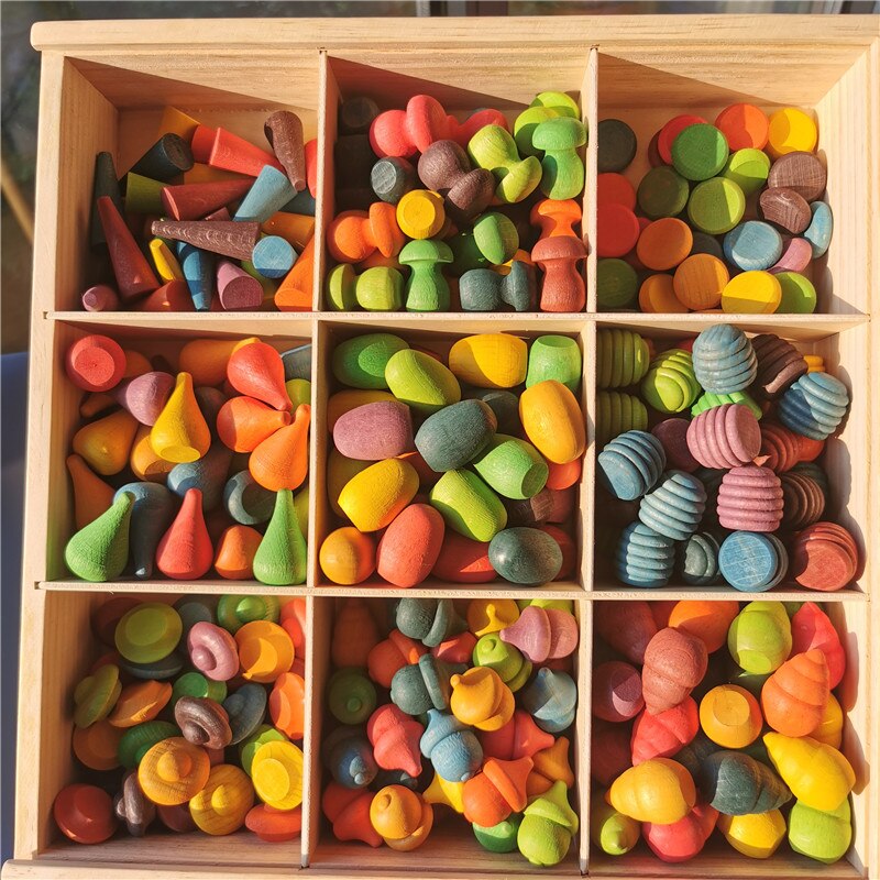 Bloques de Mandala de arcoíris de madera para niños, piezas sueltas Montessori, juguetes de setas, gotas de panal, brotes de bambú, conos de árbol de bellotas