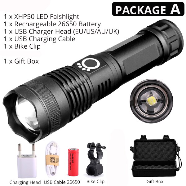Newest XHP50 LED Bicycle Flashlight Most Powerful USB Rechargeable USB Zoom Bike Light Torch 18650 26650 for outdoor Bike Light: Package A