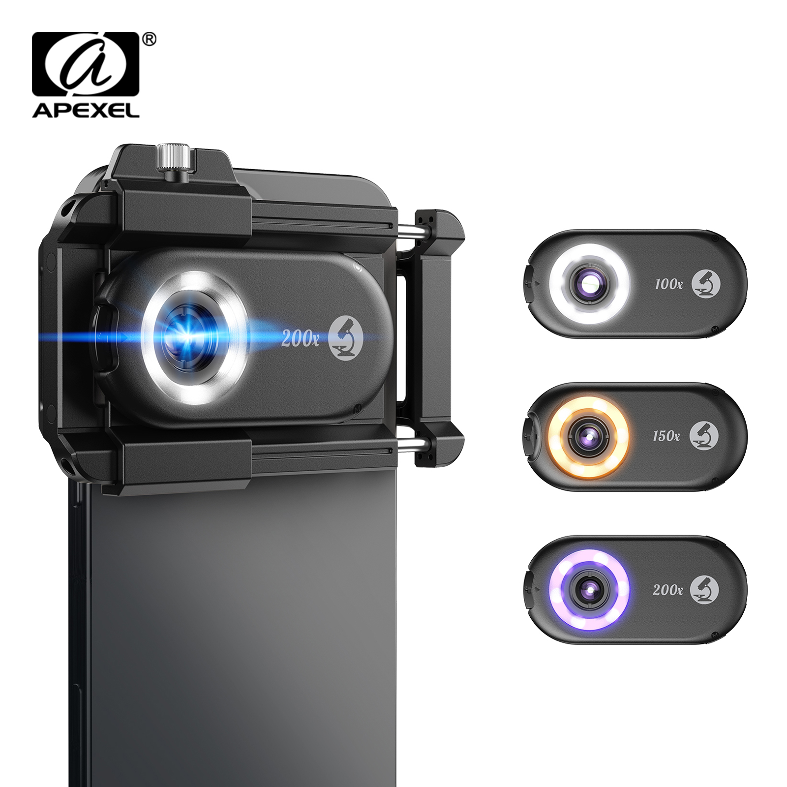 APEXEL nueva lente de microscopio 100X-200X mejorada 3 en 1 Kit de lentes de cámara de teléfono lentes macro con luz LED para todos los teléfonos inteligentes