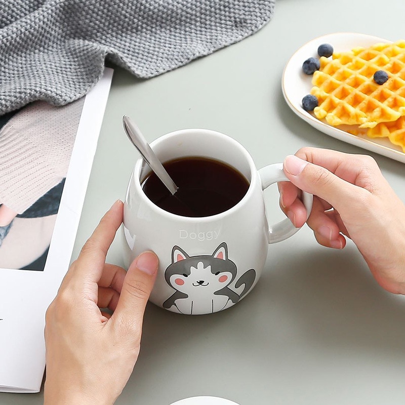 Cute Cartoon Cat Mug Animal Fox Ceramic Mug Office Mug for Girls and Dogs with Lid Spoon cute coffee mugs and cups