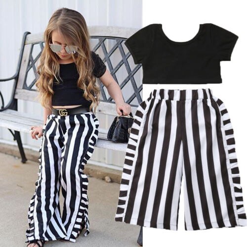 Toddler Kids Baby Girls T-shirt Tops+ Flare Striped Pants Summer Casual Outfit Clothes 2PCS Set