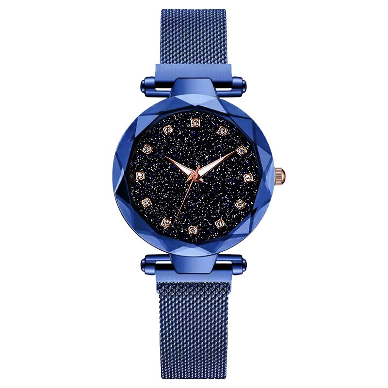 Luxe Rose Goud Vrouwen Armband Horloges Minimalisme Sterrenhemel Magneet Gesp Mode Klok Romeinse Cijfer Wijzerplaat Dames Horloge: Blauw
