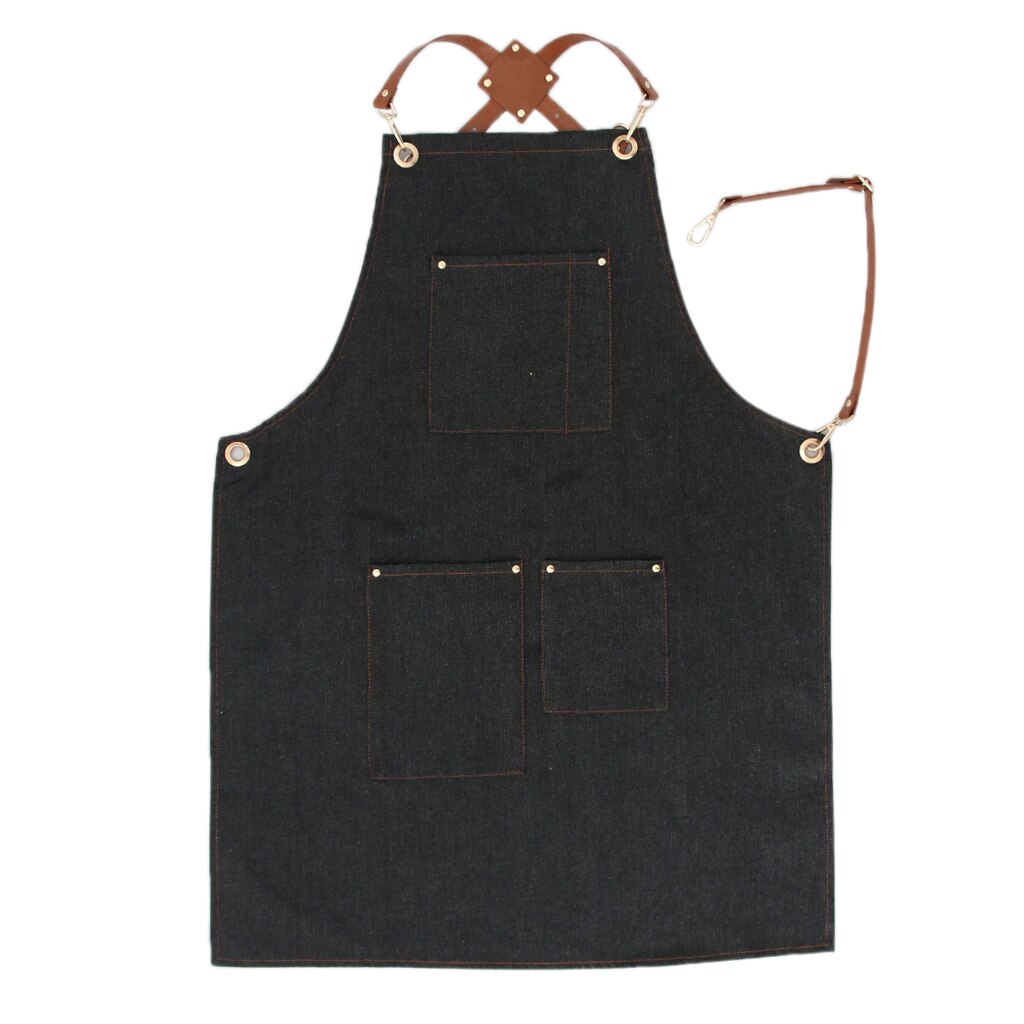 Denim smekke forkle lærreim barista baker arbeid uniform servitør artist kokk: Svart c