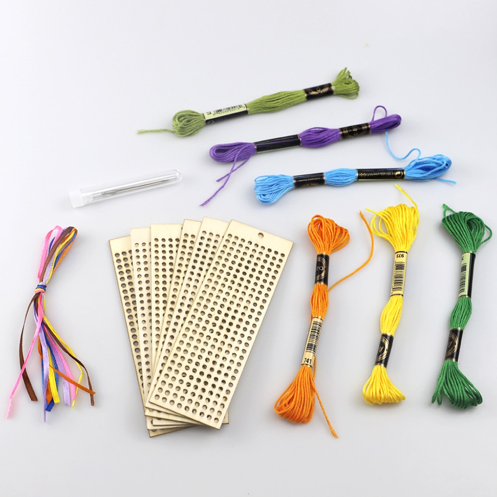 6Pcs Wood Rectangle Bookmark Cross Stitch Embroidery DIY Material Children Craft Art Kit Home Decoration Pendant Crafts