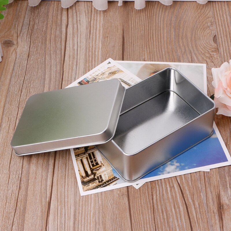 Metal Rectangular Storage Box Container with Lid, Small Tin Boxes Empty Containers Silver Storage Box Case Organizer