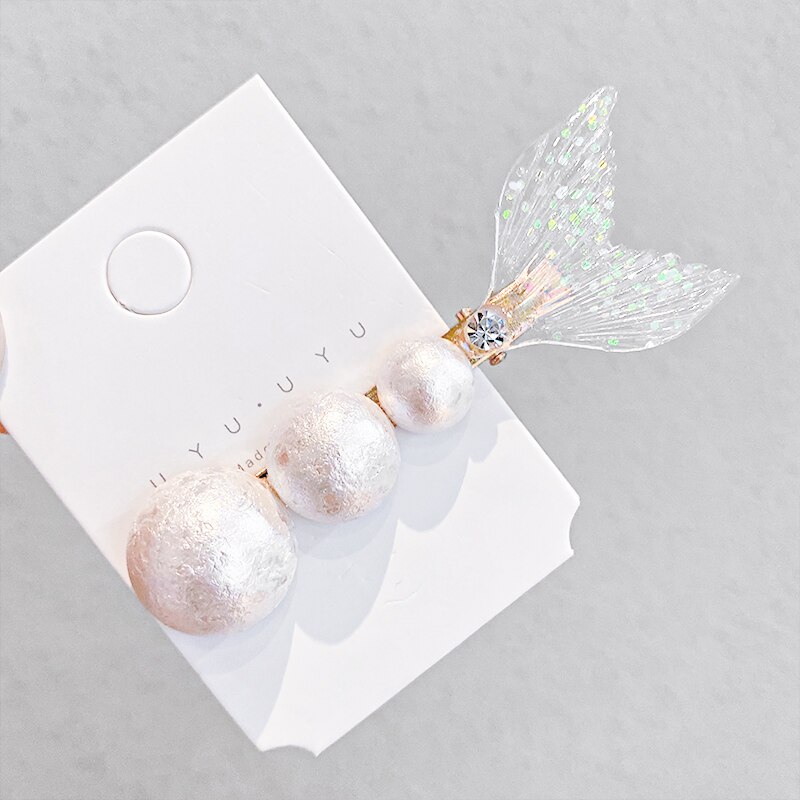 Pasadores de cola de pez con perlas para niña y mujer, diadema dulce, pinzas para el pelo de sirena, horquillas, accesorios para el cabello a la: Blanco