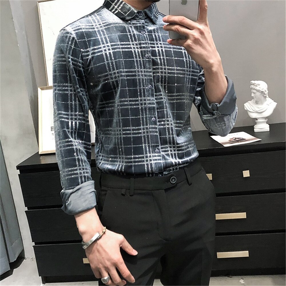 Luxury Velvet Palid Shirs Men Long Sleeve Slim Fit Casual Shirt Spring Business Formal Dress Shirts Social Party Clothing