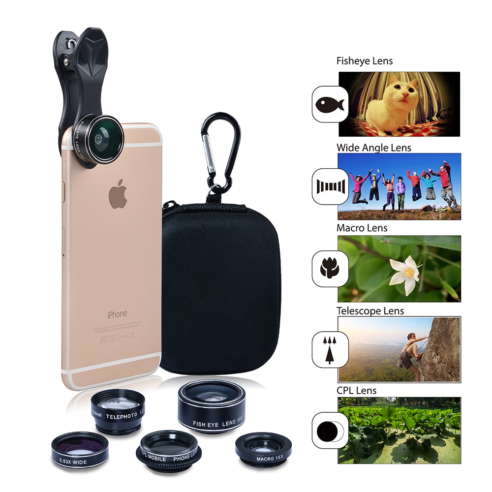 Apexel 5 In 1 HD Phone Camera Lens Kit Fisheye Lens+0.63x Wide Angle+15x Macro Lens+2X Telephoto Lens+CPL Lens for IPhone