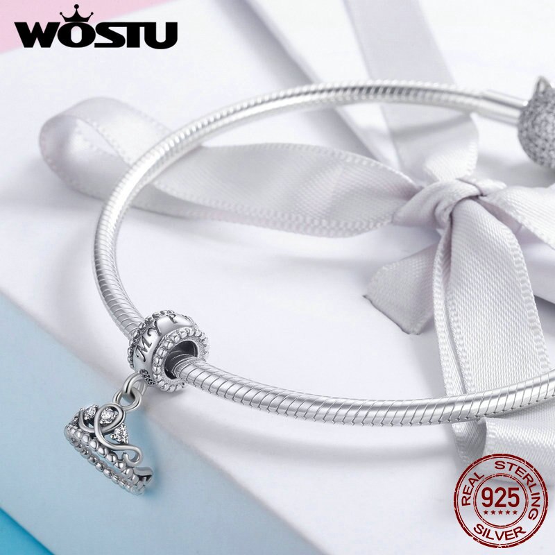 WOSTU Genuine 925 Sterling Silver Romantic Princess Crown Dangle Charms fit Silver Bracelet Necklace DIY Jewelry Making CQC739