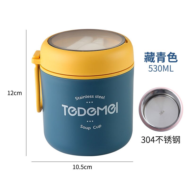 Mini Thermische Lunchbox Voedsel Container Met Lepel Roestvrij Staal Vacuüm Kopje Soep Cup Geïsoleerde Lunchbox Taza Desayuno Portatil: blue-530ml