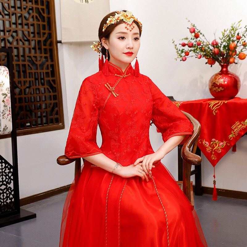 Rode kanten chinese bruid trouwjurk oude vrouwen cheongsam pak grote maat vintage qipao vestidos xs -3xl