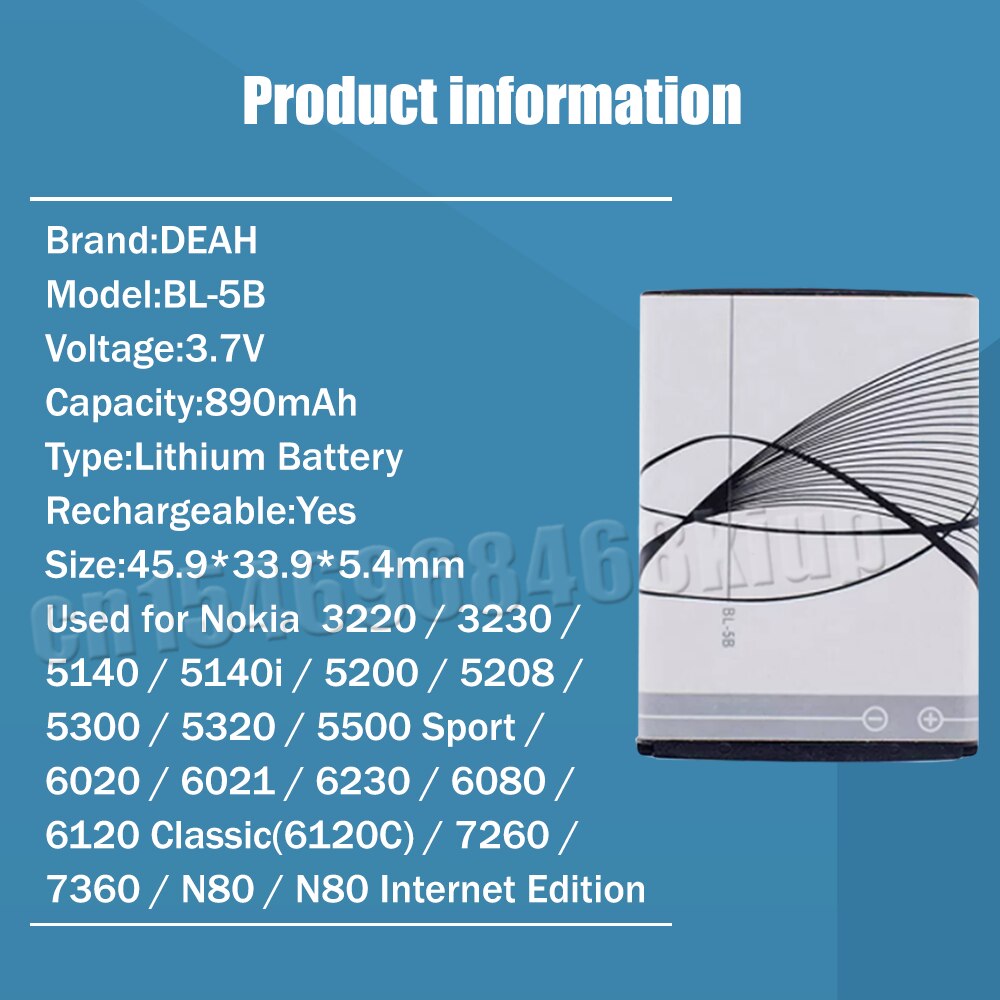 1-20PCS 890mAh BL-5B BL5B BL 5B Replacement Lithium Phone Battery For Nokia 5140 5300 5320 N80 N83 6120C 7360 3220 3230 5070