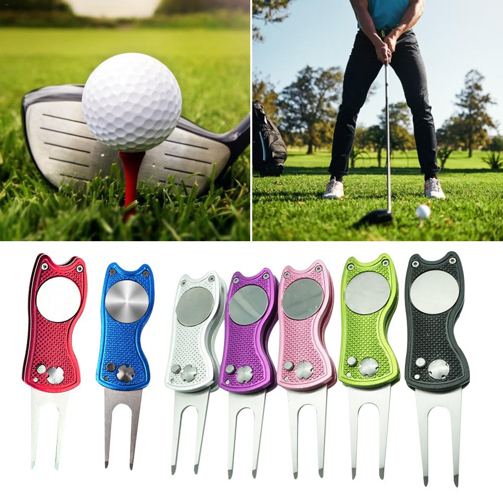 Golf Divot Tool Folding Golf Turf Tool with Pop Up Button and Magnetic Ball Maker