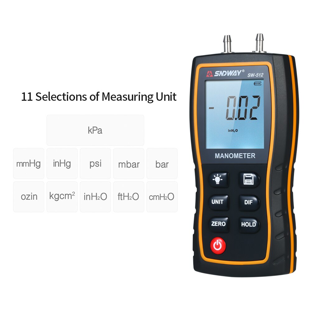 SNDWAY SW-512 Differential Manometer Hand-held LCD Digital Dual-port Manometer Differential Air Pressure Gauges Tester