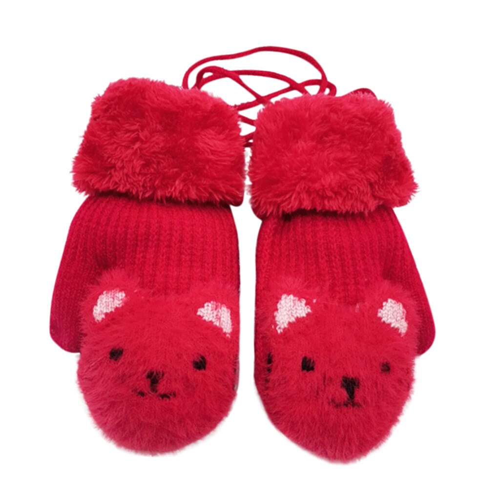 2-7Y Kinder Fäustlinge Kinder Gestrickte Wolle Plus Samt Handschuhe Cartoon Bier Baby Jungen Mädchen Volle Finger Warme Handschuhe Halten mit seil