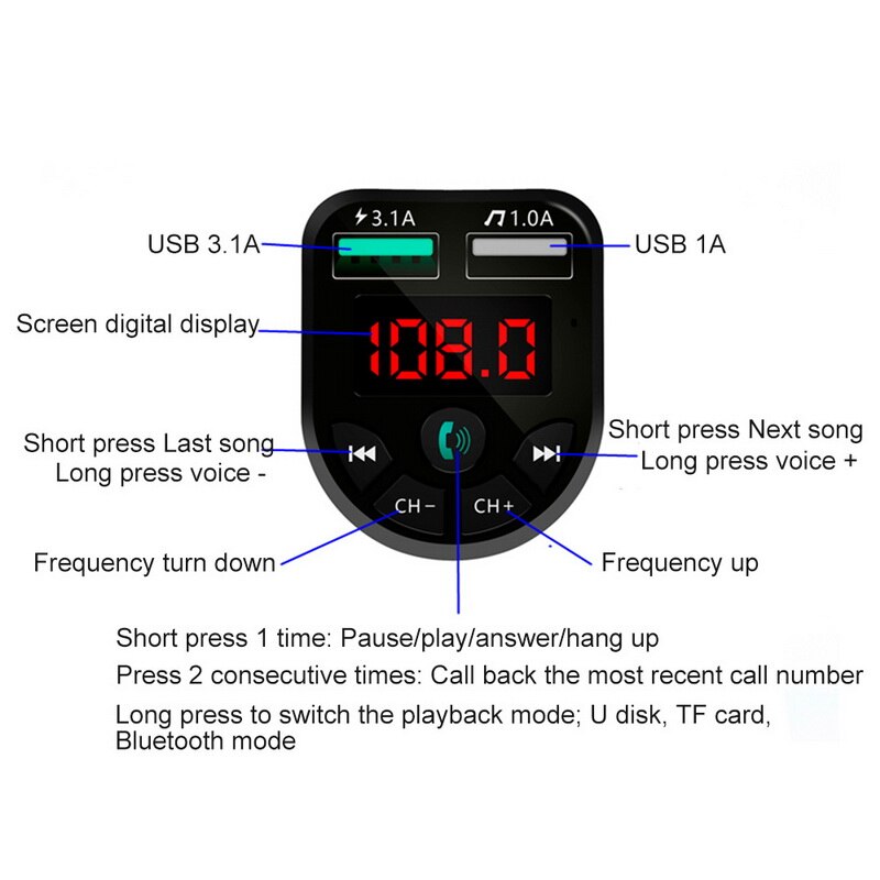 Kit de transmisor FM con Bluetooth de reproductor de MP3 para coche manos libres 3.1A receptor de música de Doble Adaptador de cargador de coche USB para coche o camión