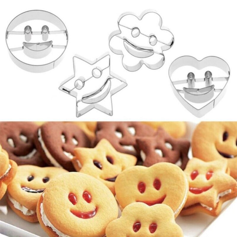 4 Stks/set Cookie Cutter Biscuit Mold Rvs Smiley Soort Diy Cookie Biscuit Mould Cake Bakken Tools Keuken Bakvormen Mold