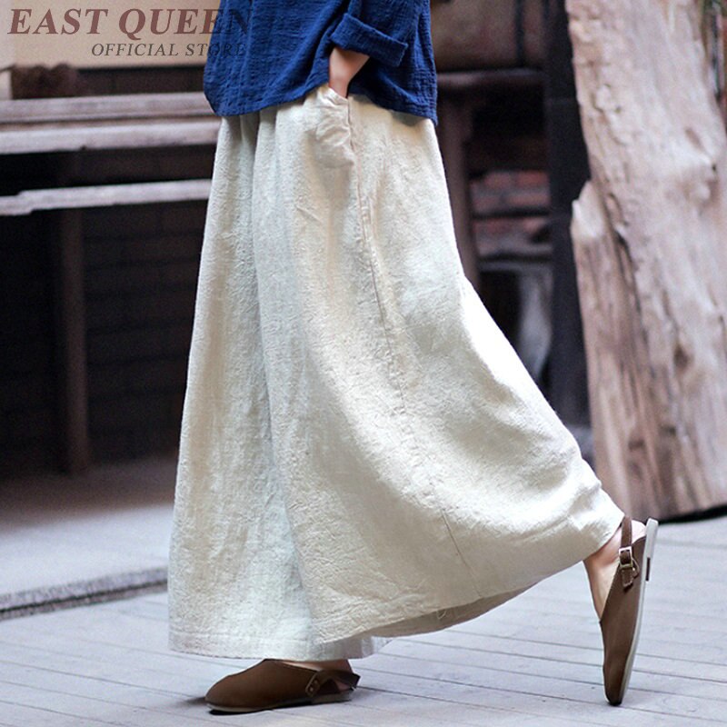 Culotte Palazzo en lin de style chinois pour femme, pantalon à jambes larges, ample, baggy, , FF1268