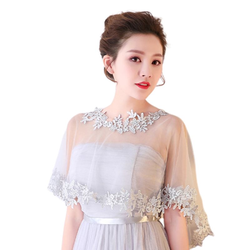 Femmes simple couche pure haut bas mariage châle enveloppement dentelle florale Applique épissage garniture mariée soirée Cape haussement d'épaules Capelet boléro: Gris