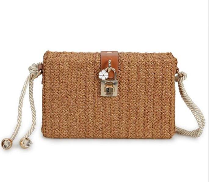 Mini box stroh tasche frauen tragen sommer rattan handtasche woven strand kreuz körper tasche weiblichen schloss handtasche mit blumen: Brown