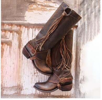 GOXPACER – bottes de gladiateur Vintage pour femmes, chaussures à pompon au dessus du genou, à la , bout rond, chevalier, avec boucle et anneau assortis: Marron / 8