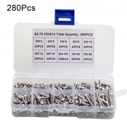 280/380Pcs 304 Stainless Steel M3 Cylindrical Head Hex Socket Cap Bolt Screw Nuts Set Assortment Kit Hardware Tool: 280Pcs