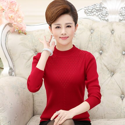 XJXKS autumn and winter women's long-sleeved pullover loose big yards solid color High elasticity cashmere sweater: Red / M