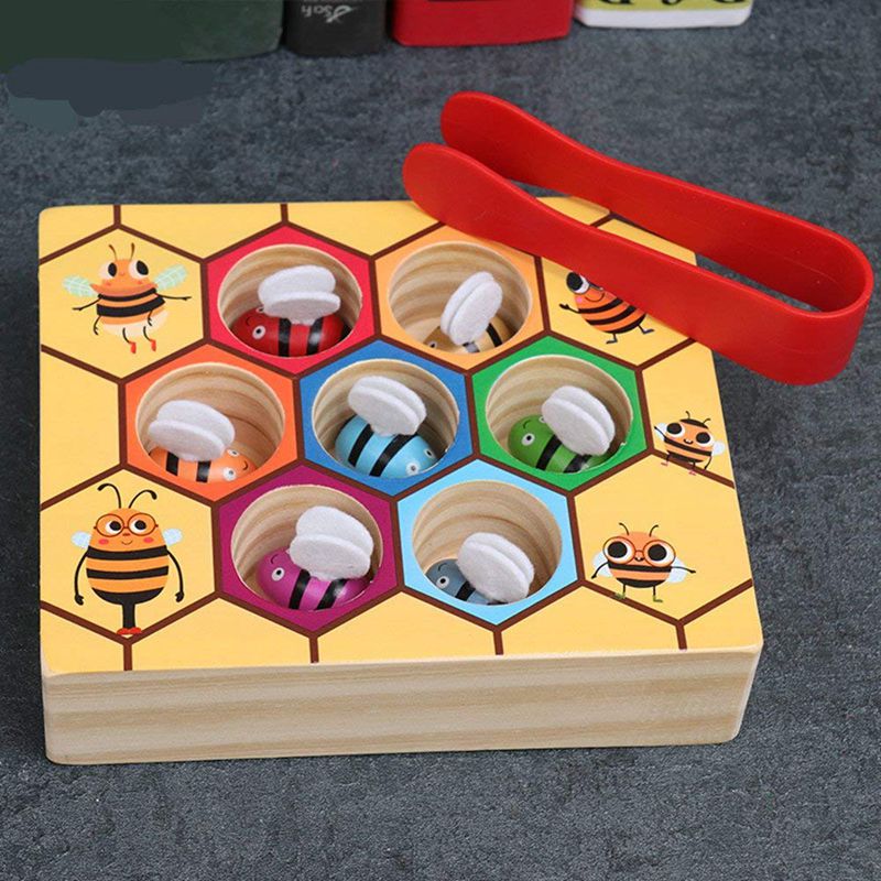 Adorable juguete de madera para recoger abejas, prácticas de captura para bebés, juego educativo temprano para niños pequeños, caja de colmena colorida
