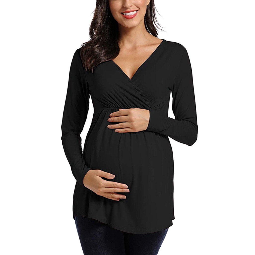 Women's Maternity Long Sleeve Button Multifunctional V-Neck Solid Top Breastfeeding Top одежда для кормления: Black / S