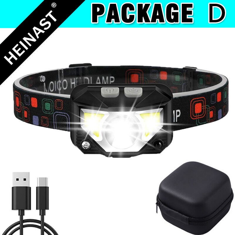 COB LED Headlamp USB Rechargeable Head Lamp with Built-in Battery Motion Sensor Inductive Headlight Multi-Mode Camping Light: D Packing