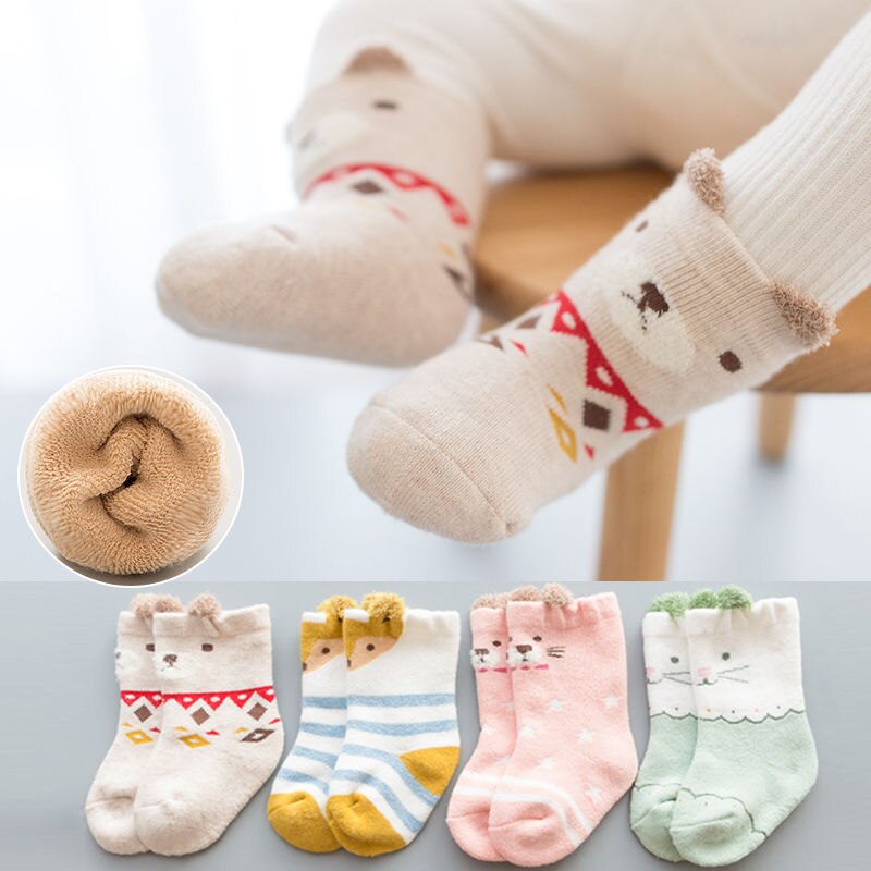 4 par/lot 0-24m baby värmestrumpor flicka pojke barn strumpa för vinter barn korta strumpor för unisex baby tecknad film