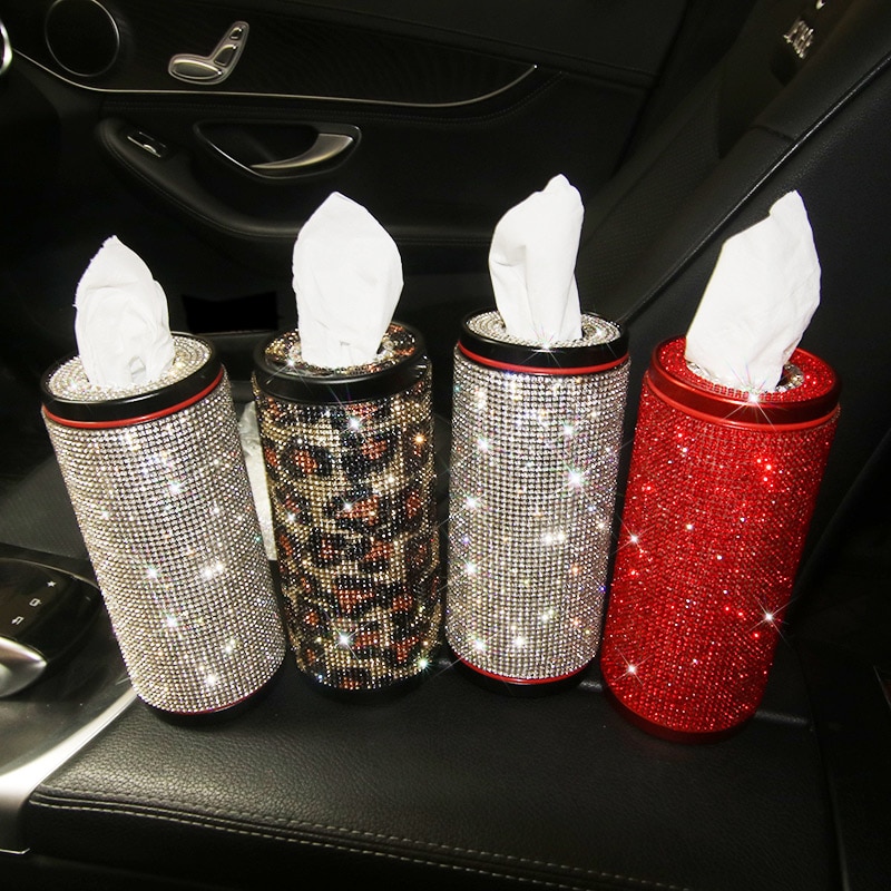 Car Rhinestone Crystal Diamond Tissue Box Diamante Block Type Office Car Luxury Rhinestone Leopard Tissue Paper Box Girls Women
