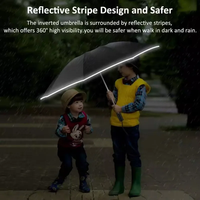 Paraguas totalmente automático para hombre y mujer, sombrilla plegable inversa con rayas reflectantes a prueba de viento y rayos UV