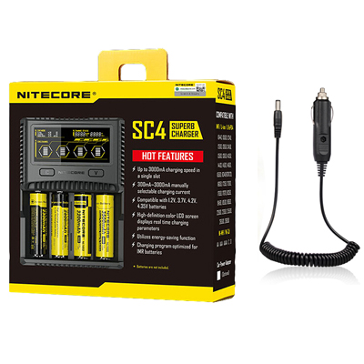 NITECORE SC4 Intelligent De Charge Plus Rapide Superbe Chargeur avec 4 Slots 6A Production Totale Compatible IMR 18650 14450 16340 AA Batterie: SC4 with Car Charger / UK
