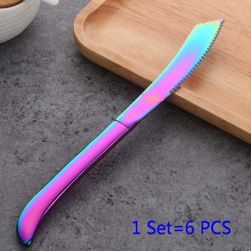6 stk/sæt bøfkniv sæt rustfrit stål sort guld bordknive spisestel hjemme bøf kniv: Regnbue nr. .0